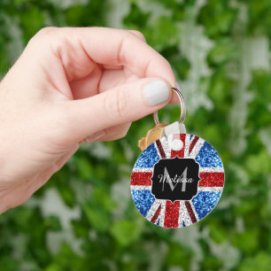 UK flag red blue white sparkles glitters Monogram Keychain