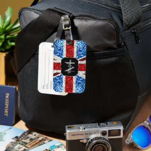 UK flag red blue white sparkles glitters Monogram Luggage Tag