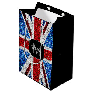 UK flag red blue white sparkles glitters Monogram Medium Gift Bag