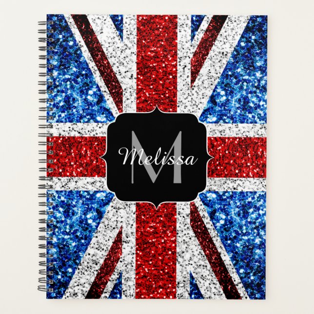 UK flag red blue white sparkles glitters Monogram Planner (Front)