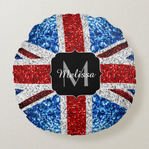 UK flag red blue white sparkles glitters Monogram Round Pillow