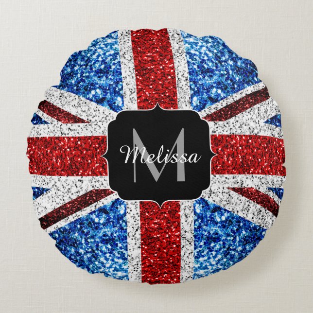 UK flag red blue white sparkles glitters Monogram Round Pillow (Front)