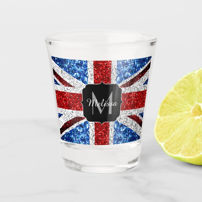 UK flag red blue white sparkles glitters Monogram Shot Glass (Front)