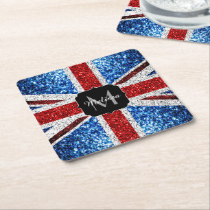 UK flag red blue white sparkles glitters Monogram Square Paper Coaster