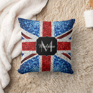 UK flag red blue white sparkles glitters Monogram Throw Pillow