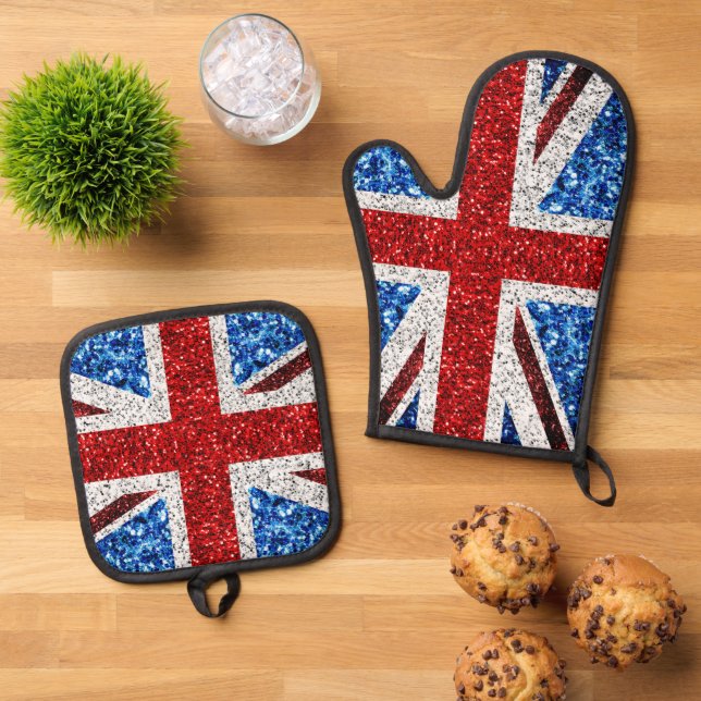 UK flag red blue white sparkles glitters Oven Mitt & Pot Holder Set (Top Down)
