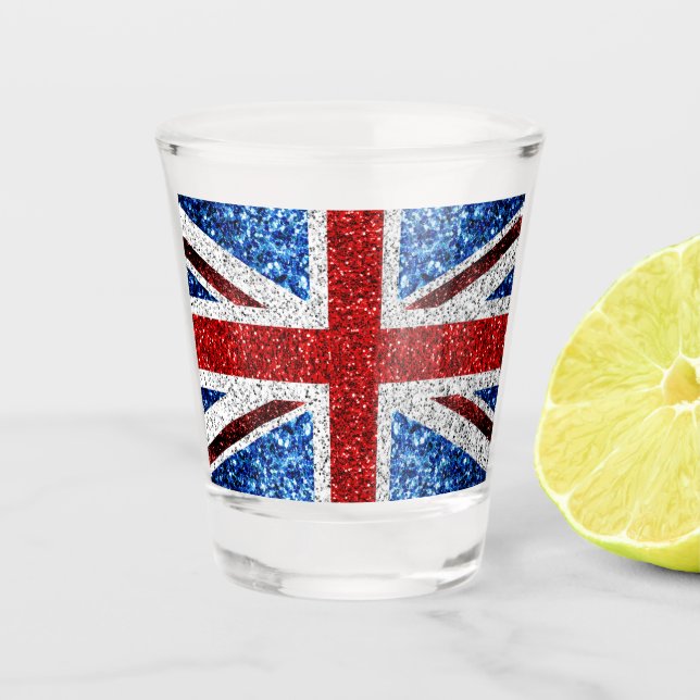 UK flag red blue white sparkles glitters Shot Glass (Front)