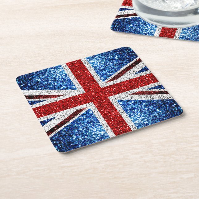UK flag red blue white sparkles glitters Square Paper Coaster (Angled)