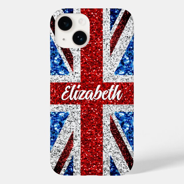 UK flag red blue white sparkles glitters Your name Case-Mate iPhone Case (Back)