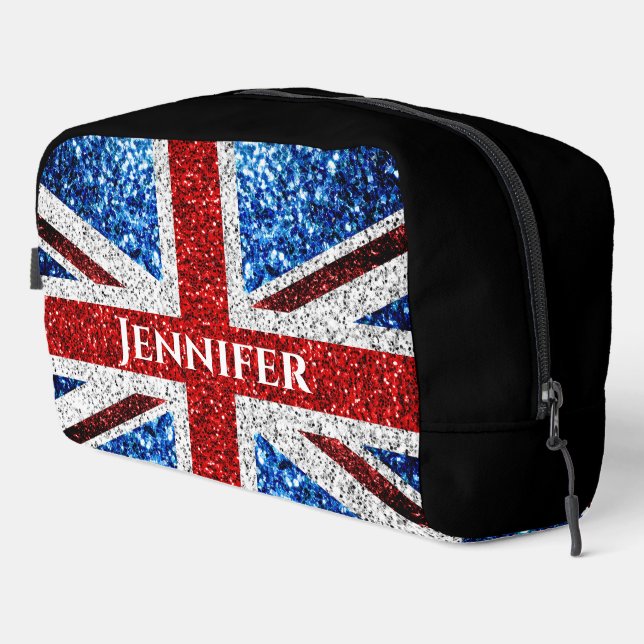 UK flag red white blue sparkles Custom name text Dopp Kit (Right Corner)