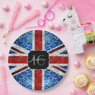 UK flag red white blue sparkles sparkles Sweet 16 Paper Plate