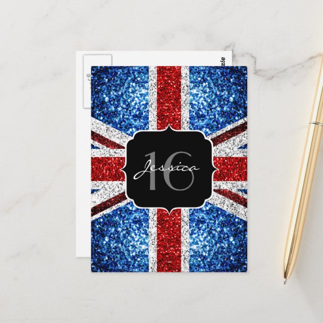UK flag red white blue sparkles sparkles Sweet 16 Postcard (Front/Back In Situ)