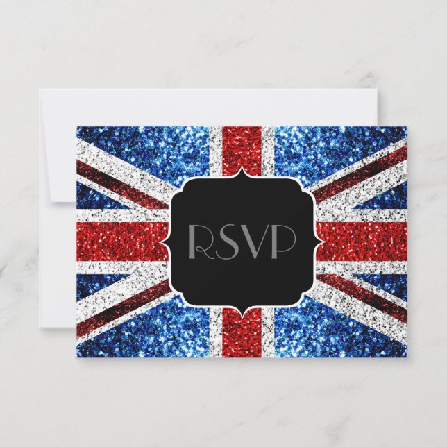 UK flag red white blue sparkles sparkles Sweet 16 RSVP Card (Front)