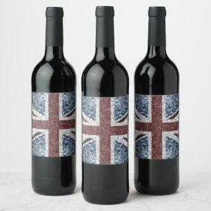 UK flag Rustic vintage sparkles glitters bling Wine Label