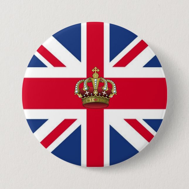 UK Flag with Royal Crown 3 Inch Round Button (Front)