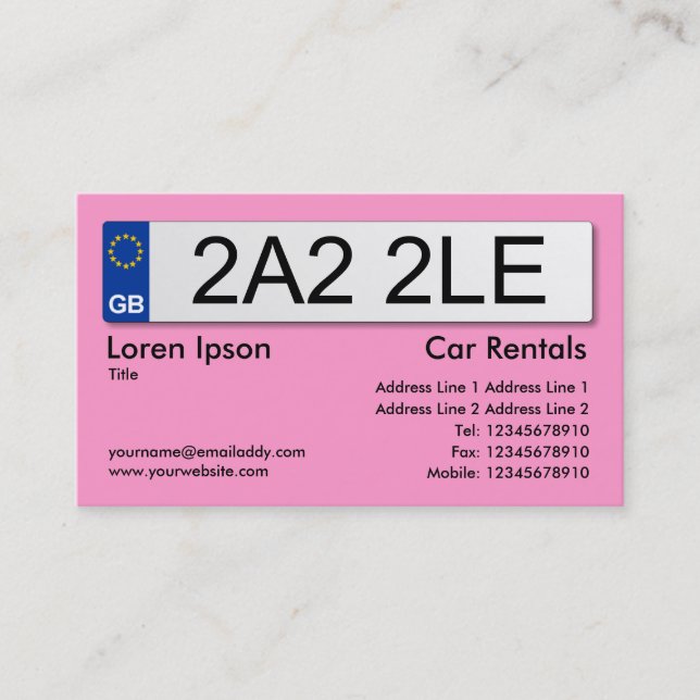 UK Number Plate - Pink Business Card (Front)