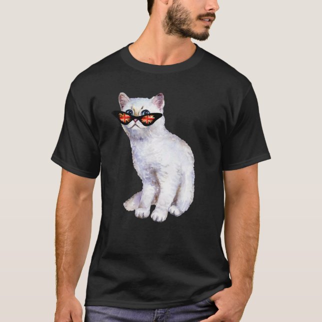 Uk Union Jack British Flag England Silver Cat Sung T-Shirt (Front)