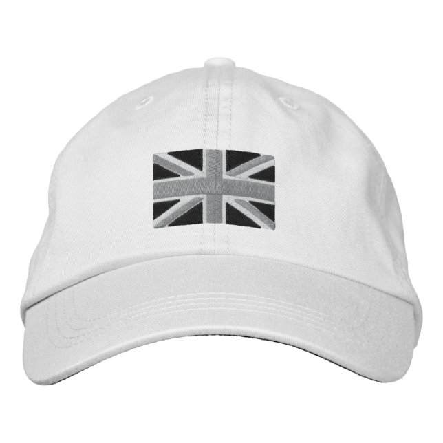 UK Union Jack Flag In Black And White Embroidered Hat (Front)
