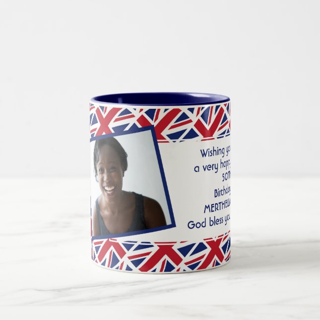UK UNION JACK FLAG Photo Template Add Your Text Two-Tone Coffee Mug (Center)