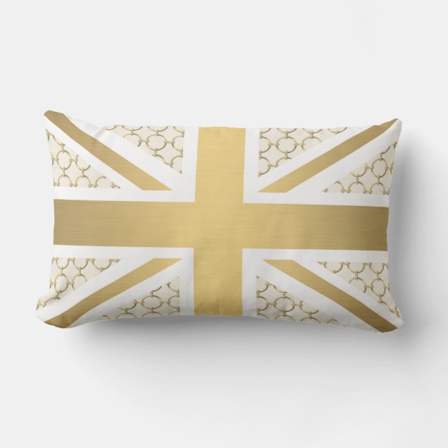 UK Union Jack Flag with Gold Equestrian Pattern Lumbar Pillow (Front)