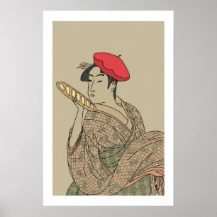 Ukiyo-e Beauty with French Beret and Baguette Poster