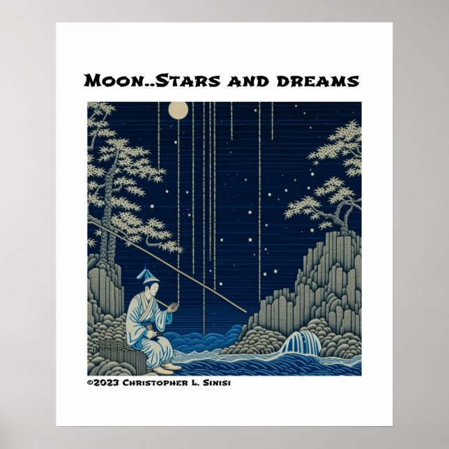 Ukiyo-e blue and white woodblock nature poster (Front)