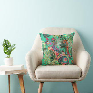 Ukiyo-e Cat and Monstera Leaves Pattern Vol.1 Throw Pillow