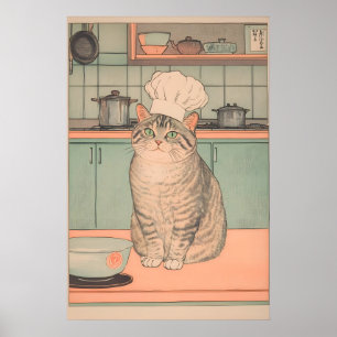 Ukiyo-e Cat Chef Print Japanese Kitchen Art, Tabby