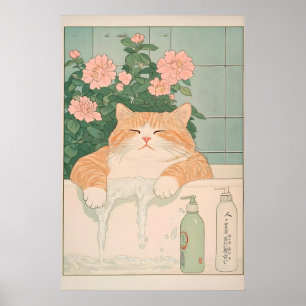 Ukiyo-e Cat Print Funny Ginger Cat in Bathtub