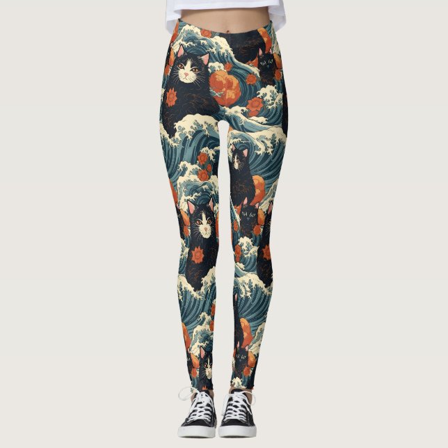 Ukiyo-e Cats of Kanagawa Pattern Leggings (Front)