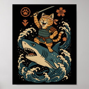 Ukiyo-e Inspired Samurai Cat Surfing Waves Great W Poster