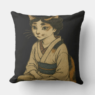 Ukiyo-e style calico cat cover throw pillow