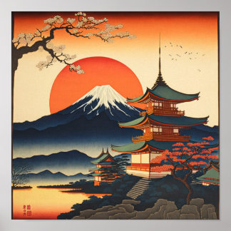 Ukiyo-e style painting of a japan castle poster