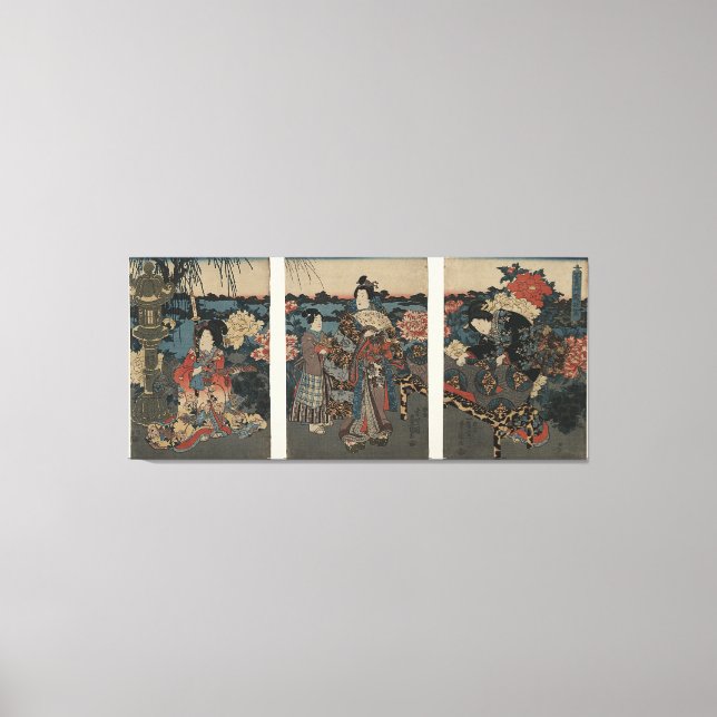 Ukiyo-e Triptych: Enjoying a Garden of Peonies Canvas Print (Front)