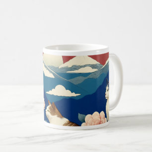 Ukiyo-e White Cat and Mt Fuji Ceramic Coffee Mug, Mug