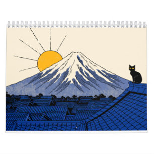 Ukiyo-e Woodblock Four Seasons Japanese Black Cat Calendar