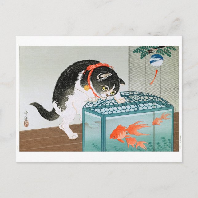 Ukiyoe [Koson] Cat and Goldfish  Postcard (Front)