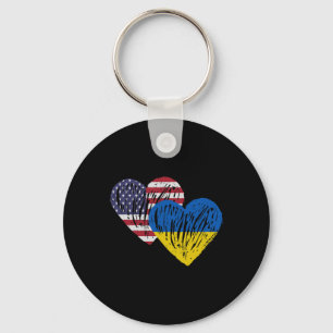 Ukraine American Flag Love Heart Keychain