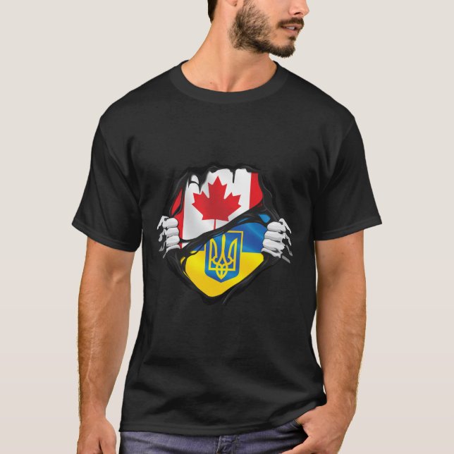 Ukraine Canadian Hands Ripped Roots Flag  T-Shirt (Front)