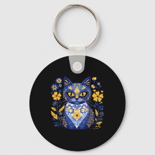 Ukraine Cat Floral Vintage Ukrainian Flag Vyshyvan Keychain