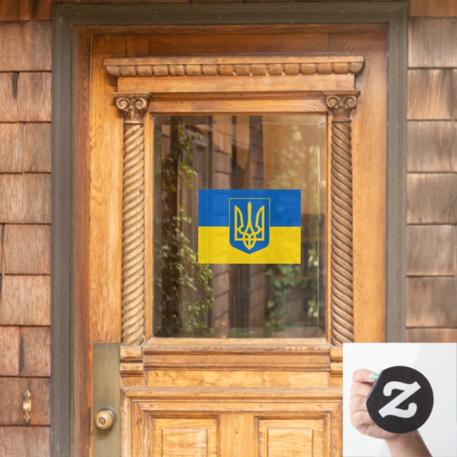 Ukraine Cling, Window Sign, Tryzub, Ukrainian Flag Window Cling (Home Door)