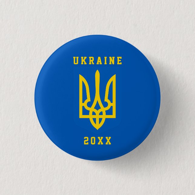 UKRAINE Coat of Arms and Year on BLUE 1 Inch Round Button (Front)