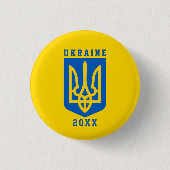 UKRAINE Coat of Arms and Year on YELLOW  1 Inch Round Button (Front)
