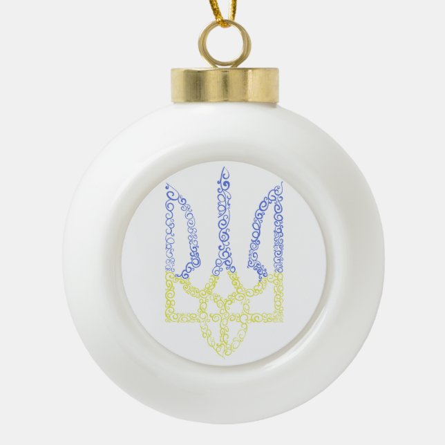 Ukraine coat of arms trident tryzub spiral pattern ceramic ball christmas ornament (Front)