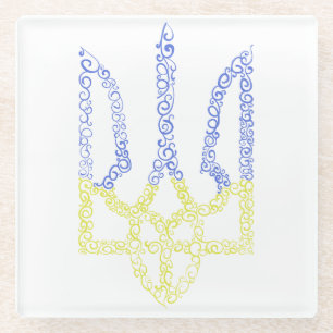 Ukraine coat of arms trident tryzub spiral pattern glass coaster