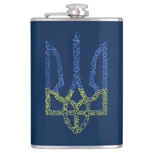 Ukraine coat of arms trident tryzub spiral pattern hip flask