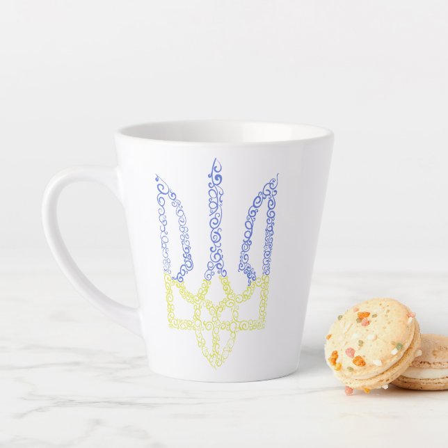 Ukraine coat of arms trident tryzub spiral pattern latte mug (In Situ)