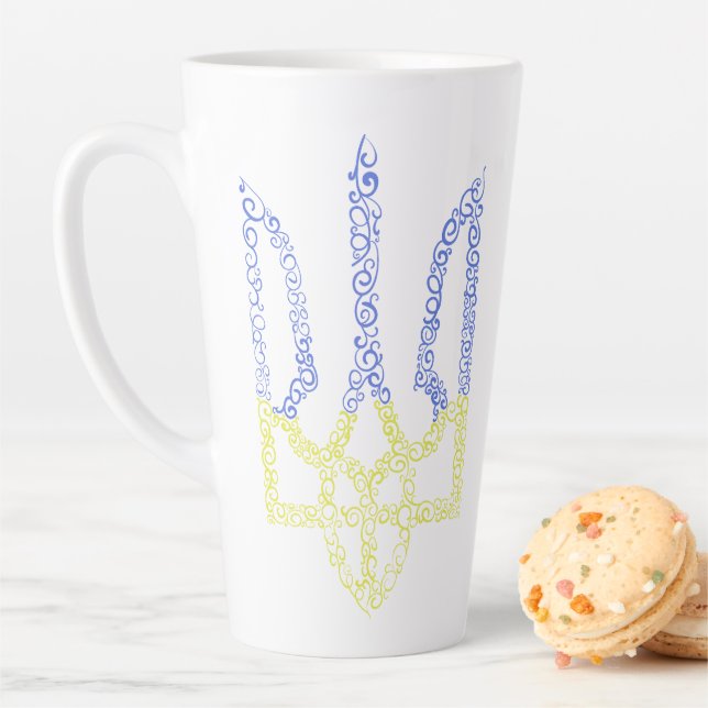 Ukraine coat of arms trident tryzub spiral pattern latte mug (In Situ)