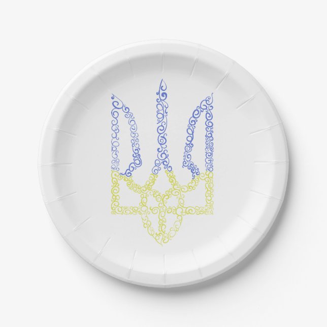Ukraine coat of arms trident tryzub spiral pattern paper plate (Front)