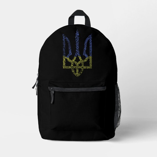 Ukraine coat of arms trident tryzub spiral pattern printed backpack (Front)
